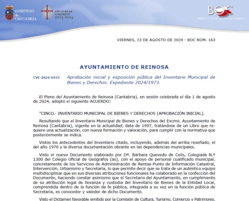 BOC ANUNCIO APROBACION INICIAL INVENTARIO DE REINOSA BOC ANUNCIO APROBACION INICIAL INVENTARIO DE REINOSA EN AGOSTO DE 2024